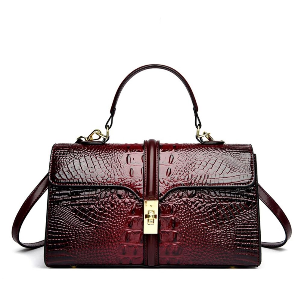 7455 Vegan Leather Satchel Shoulder Bag Trendy Crocodile Patterned Totes